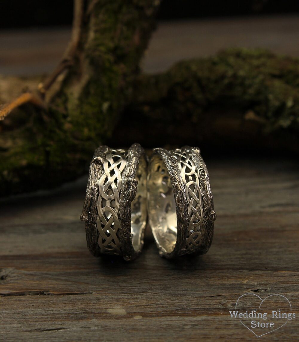 His & Her Tree Wedding Bands With Celtic Pattern, Rings Set, Tree Band Silver Bands, Matching