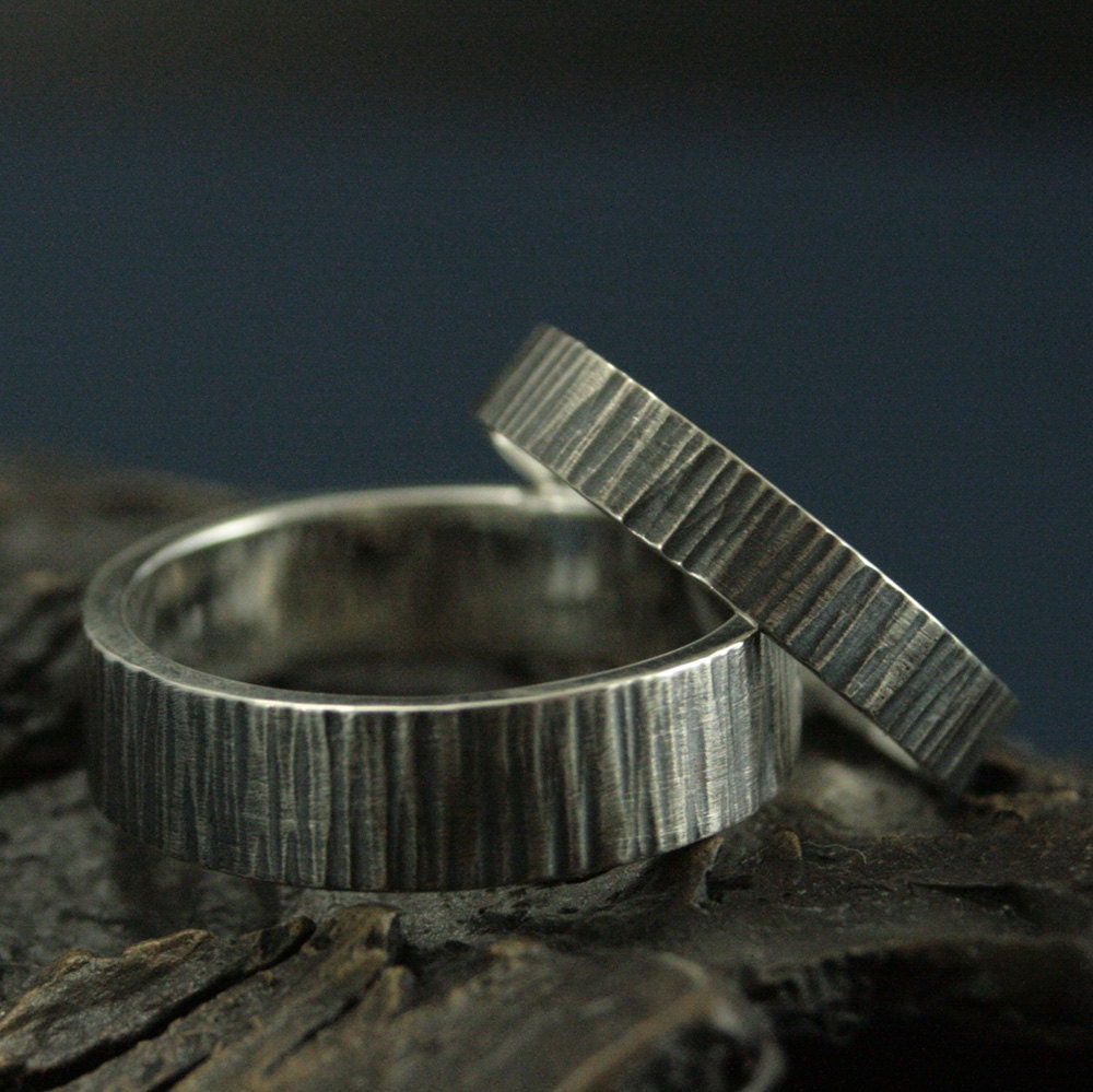 Rustic Wedding Band Set - Bark Rings Wood Textured Silver Bands Ring