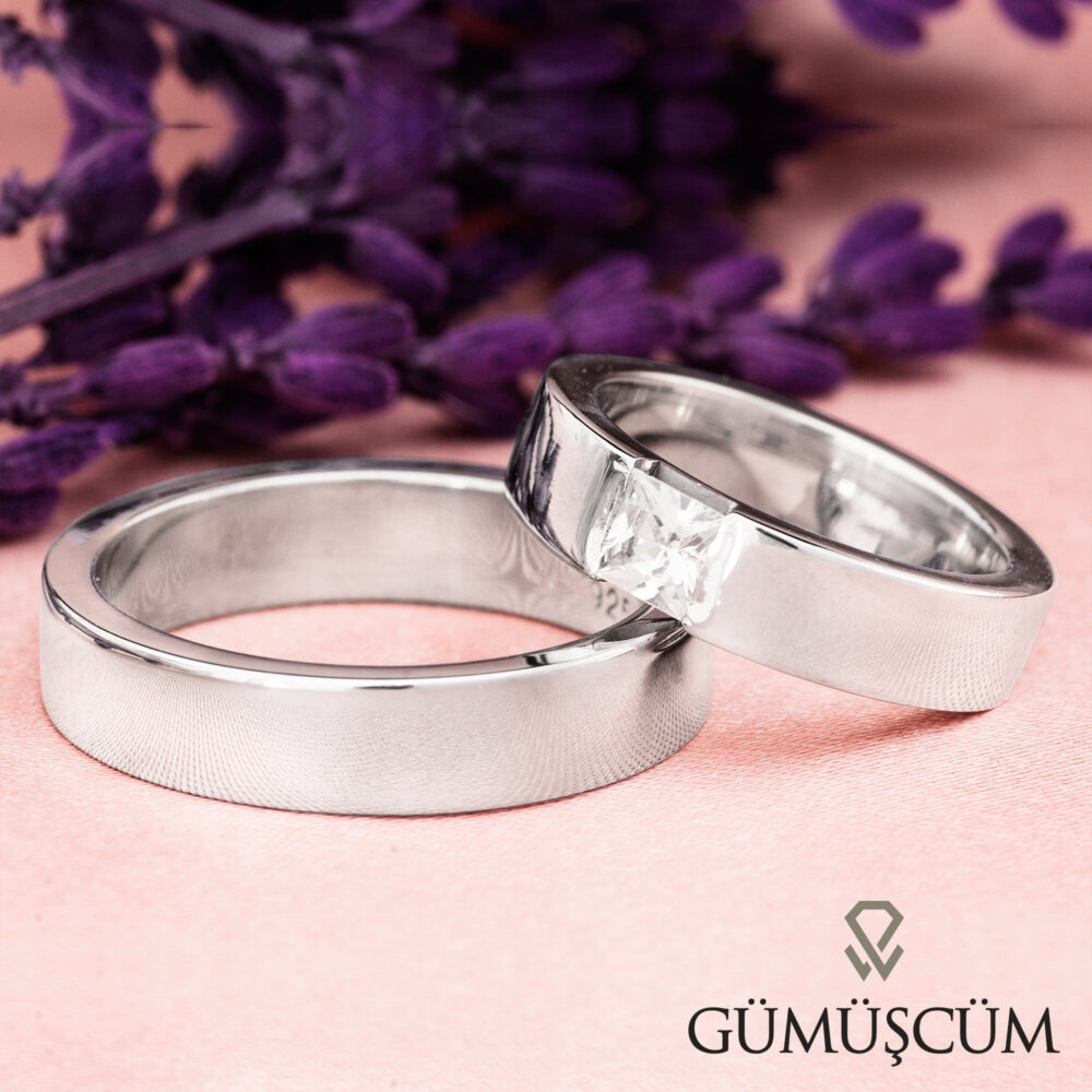 Diamond Wedding Ring Model, 4mm Plain Silver Band Set - Zirconia Stone Inset Bands For Couples Pair Of Rings