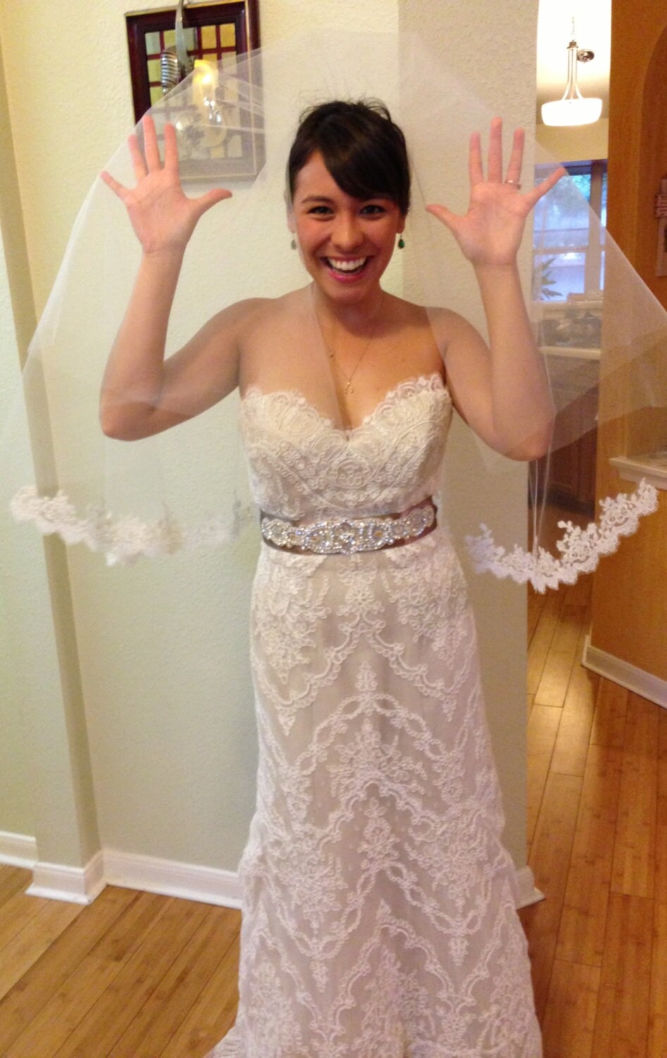 Lace Wedding Veil in Two Tier With Lace On The Bottom Only, Bridal Fingertip Blusher, Layers Alencon