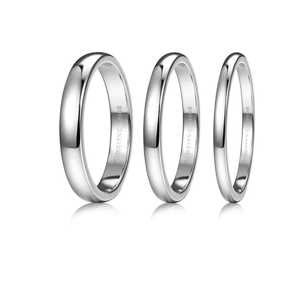 Engraved Tungsten Silver Wedding Band Set, Comfort Fit Rings