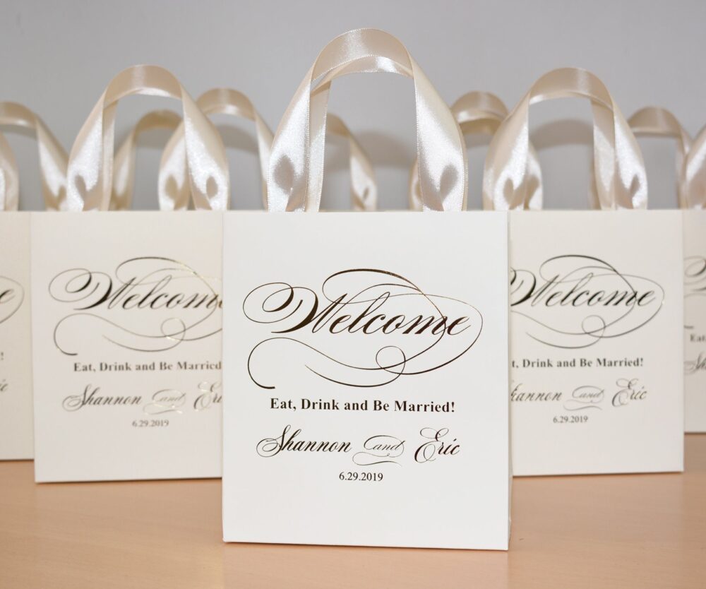 100 Wedding Welcome Bags With Champagne Satin Ribbon Handles & Gold Foil Names, Eat Drink Be Married, Personalized Favor Bags For Guests