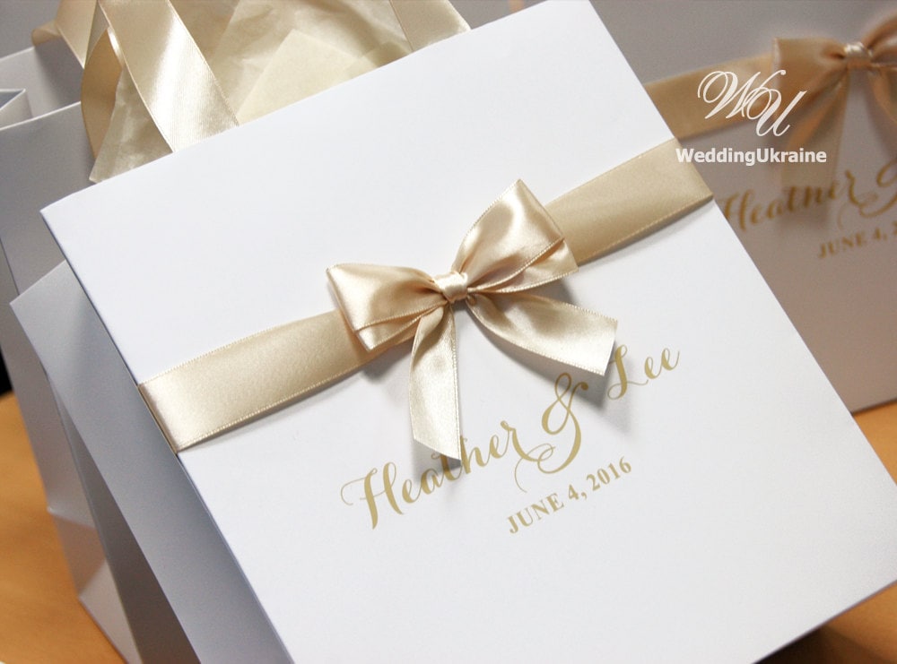Champagne Wedding Welcome Bags With Satin Ribbon, Bow & Names - White Personalized Weddings Gifts Favors For Guests