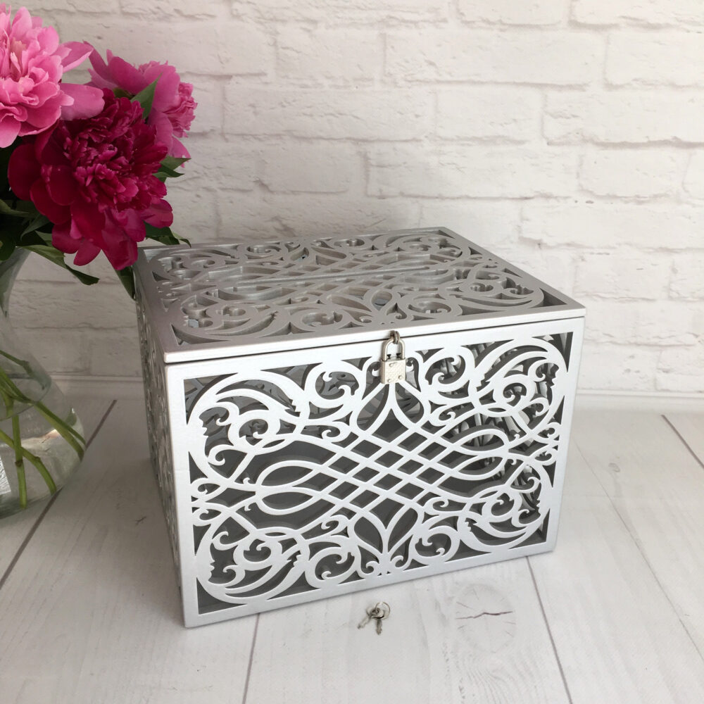 Silver Wedding Card Box With Slot Lock Money Box Rustic Card Lockable Bank Holder