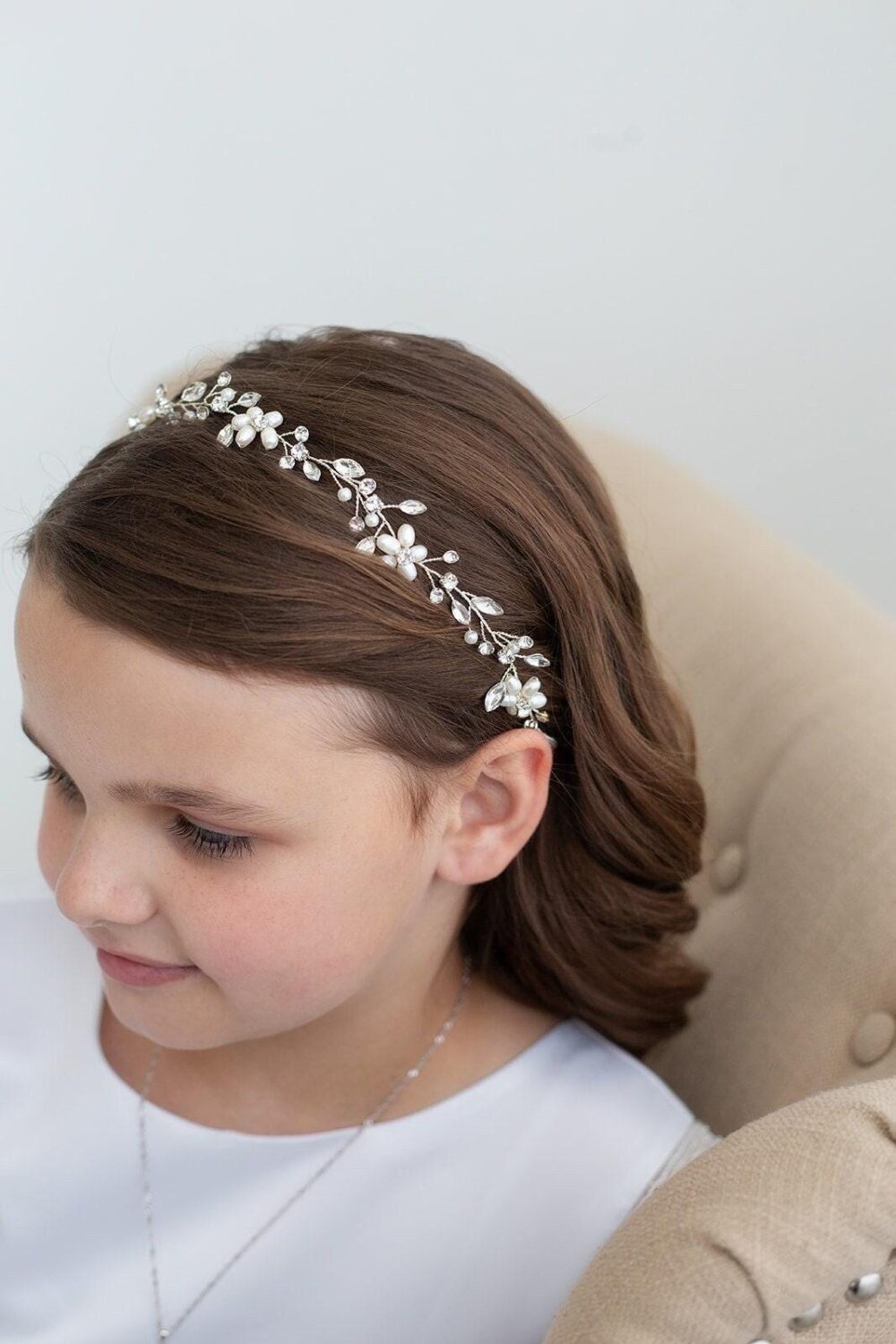 Pearl Flower Girl Headband Crystal Rhinestone Hair Vine