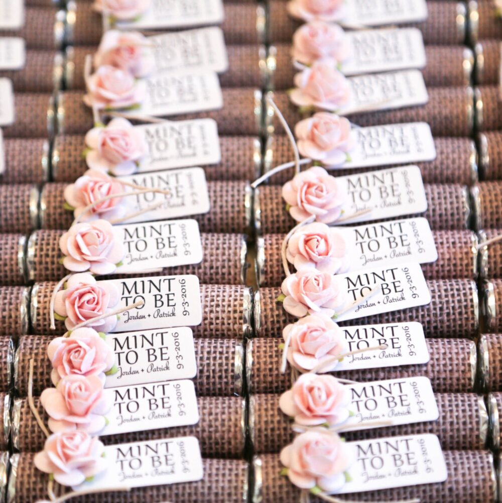 Personalized Mint Wedding Favors Burlap & Blush Rose "Mint To Be" | Set Of 80
