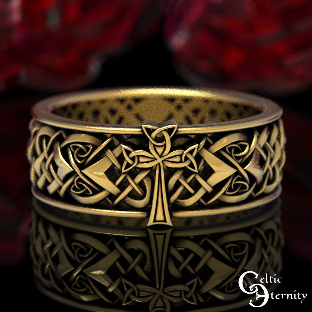 Gold Cross Wedding Band, Irish Ring, Celtic Men 14K 10K 1859