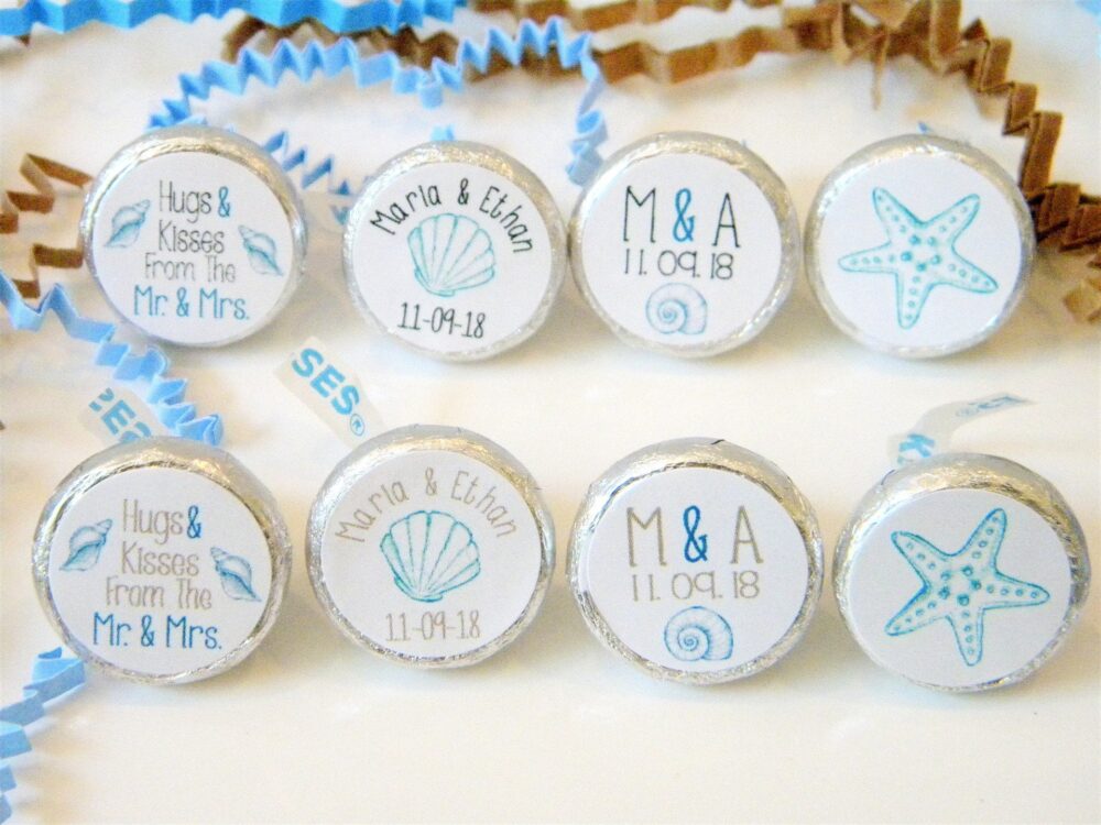 Personalized Beach Wedding Hershey Kiss Party Favor Stickers - Bea002 Stickers Only
