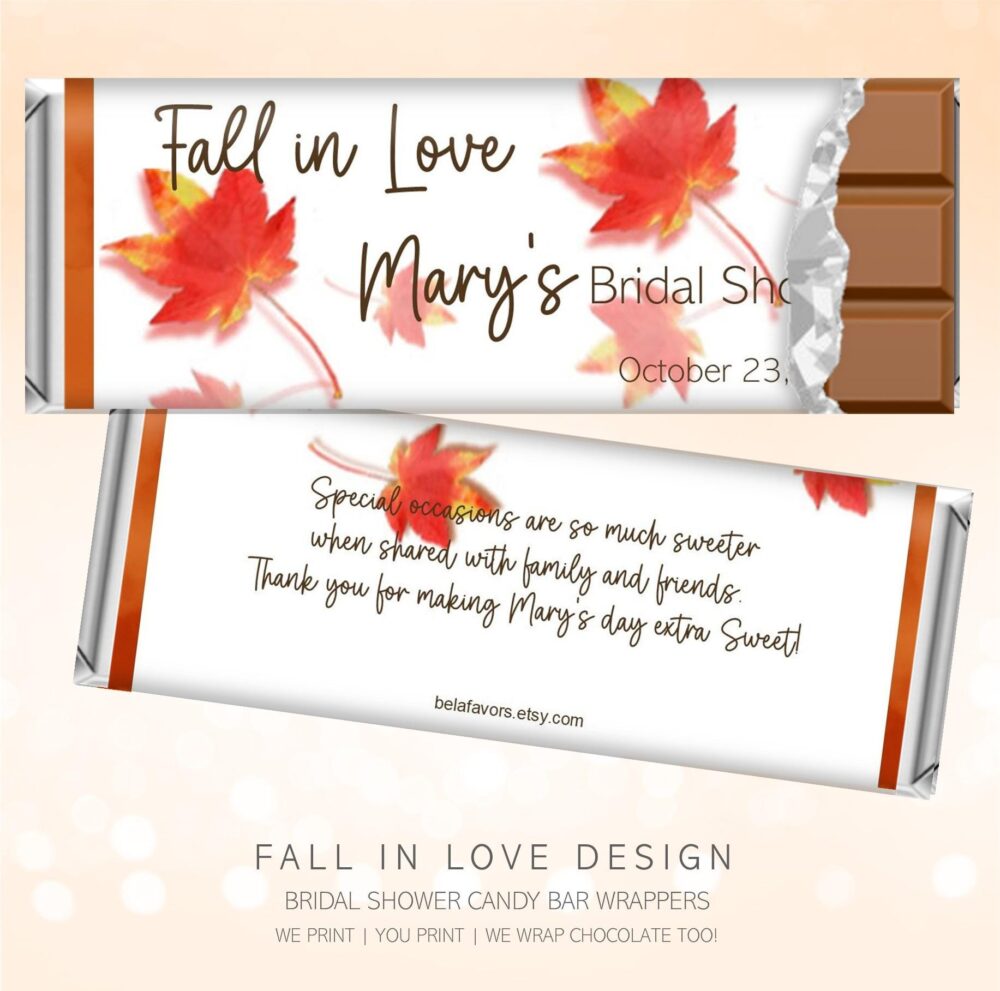 Printed Autumn Fall Candy Wrappers, Elegant Affordable Bridal Shower Wedding Party Favor, Personalized Hershey Lindt Chocolate, | Set Of 6
