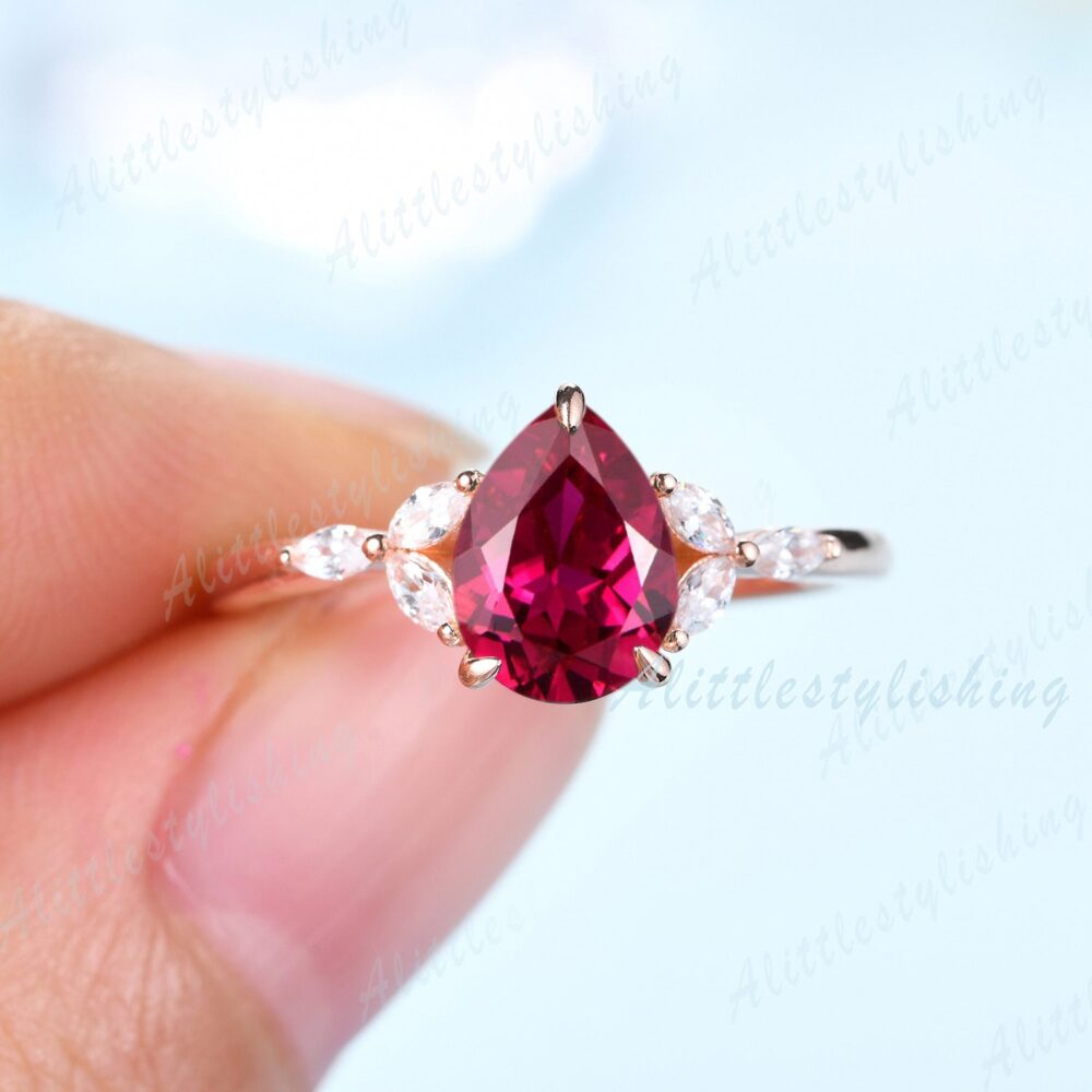Unique Pear Ruby Engagement Ring July Birthstone Wedding Bridal Gift For Her Art Deco Moissanite Band