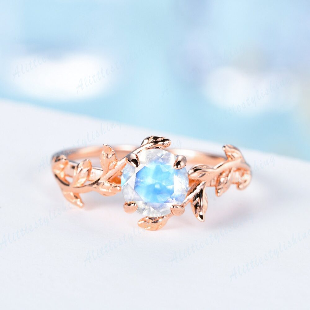 Vintage Rainbow Moonstone Engagement Ring, Nature Inspired Promise Rose Gold Anniversary Gift For Her