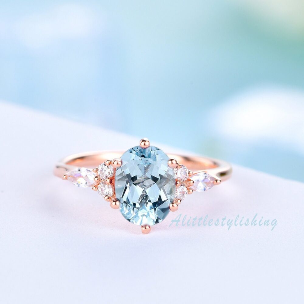 Oval Aquamarine Engagement Ring Unique Art Deco Moissanite Bridal Rose Gold Blue Gemstone Anniversary Gift For Women