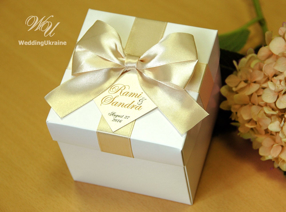 Champagne Wedding Gifts Boxes With Satin Ribbon, Bow & Names - White Custom Personalized Weddings Favors Box
