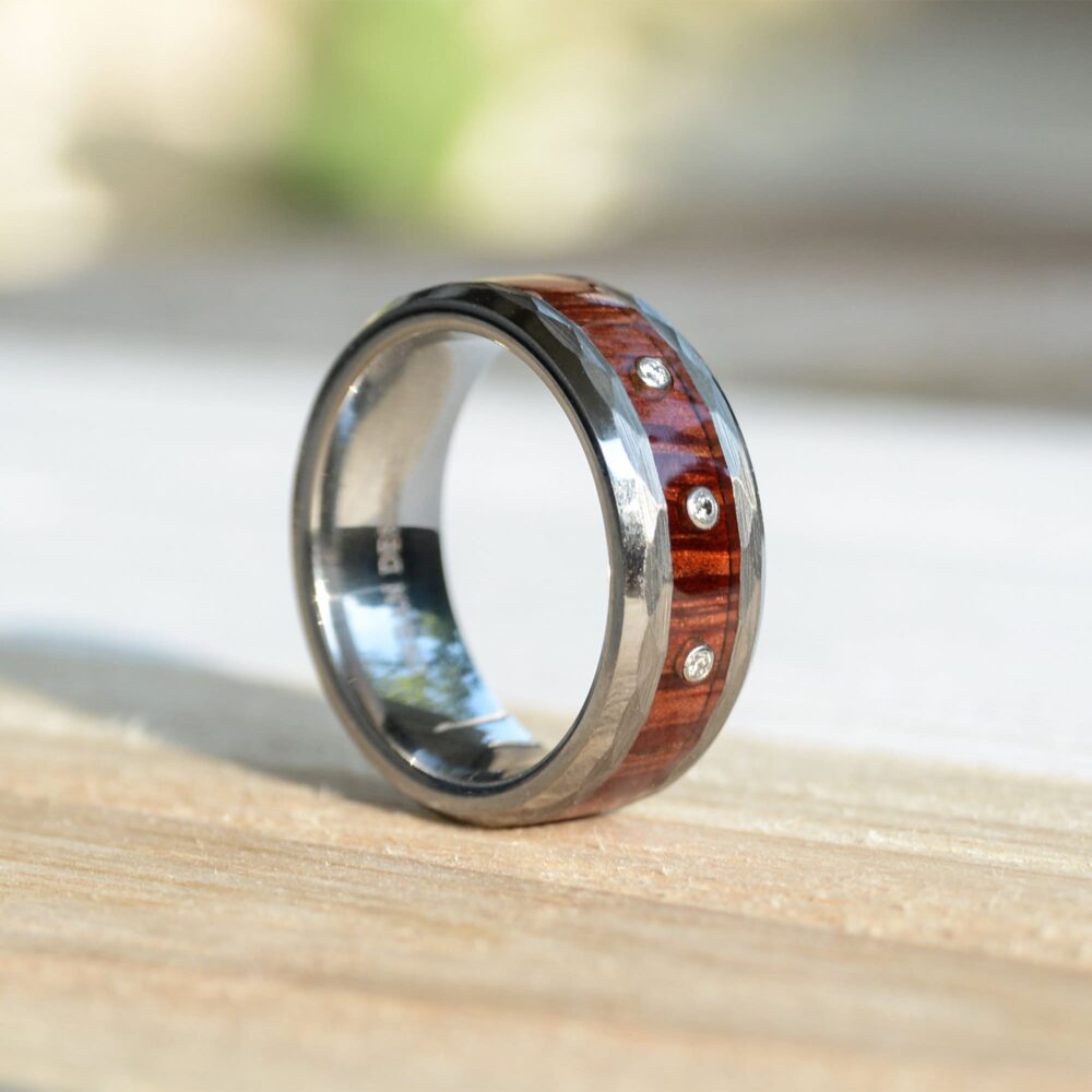 Mens Wedding Band Wood Diamond Band With Koa Inlay & Hammered Texture, Band, Wooden Rings, Ring