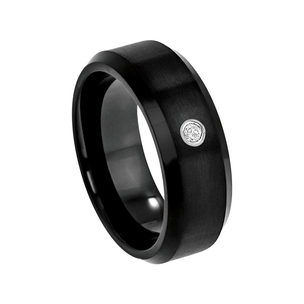 Mens Diamond Wedding Band Cobalt Ring Man 8mm Brushed Engagement Surgical Grade Black