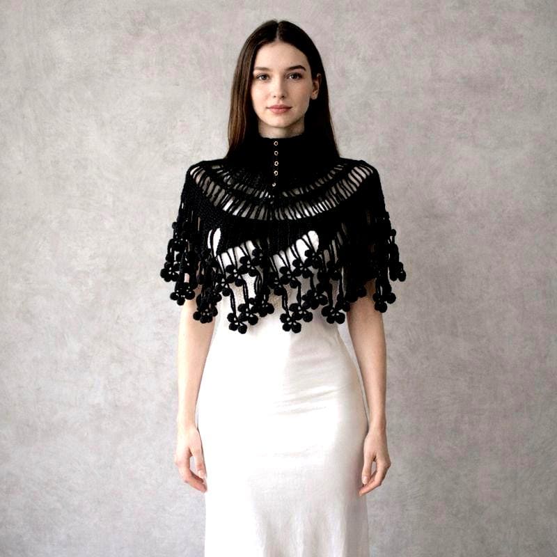 Black Crochet Cape, Gothic Lace Poncho, Handmade Shoulder Wrap, Victorian Style Collar, Bridal Cover Up
