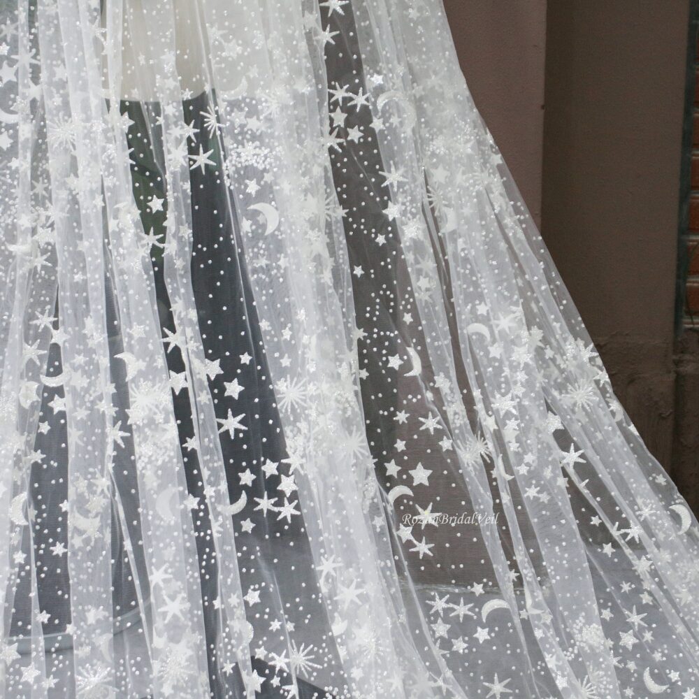 Stunning Celestial Wedding Veil/Star Veil/Moon Bridal Veil/ Glitter Veil/Silver Sparkle Veil/Cathedral Veil/Long Starry Veil