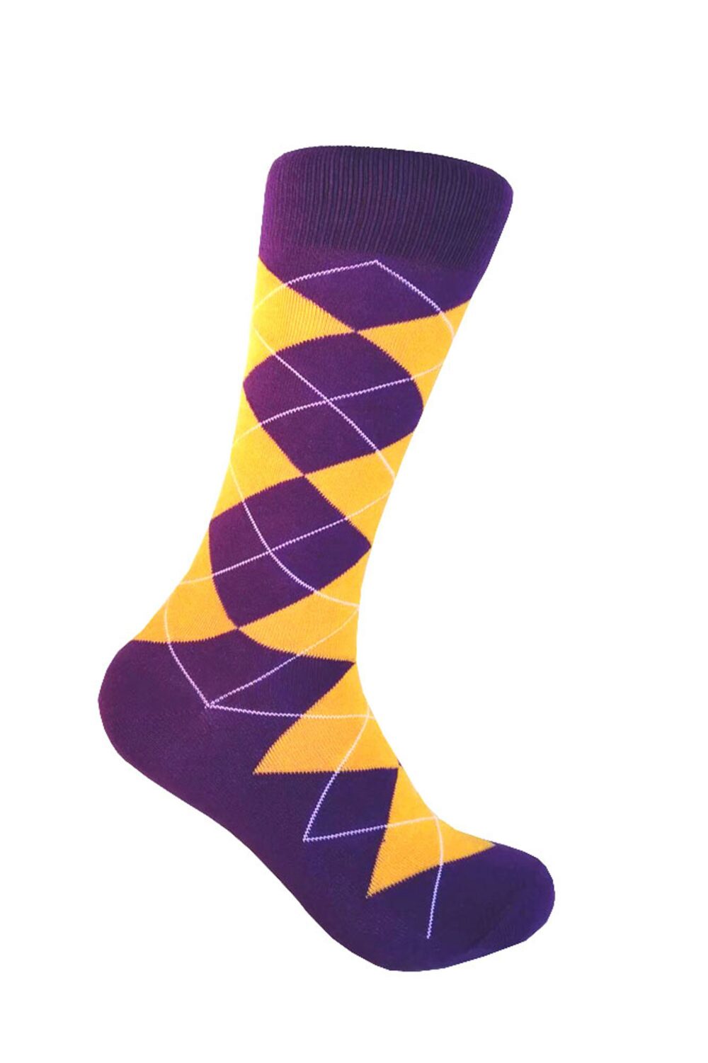 Men's Purple With Gold Yellow Color Argyle Mid-Calf Wedding Party Event Groomsman Giftable Dress Socks