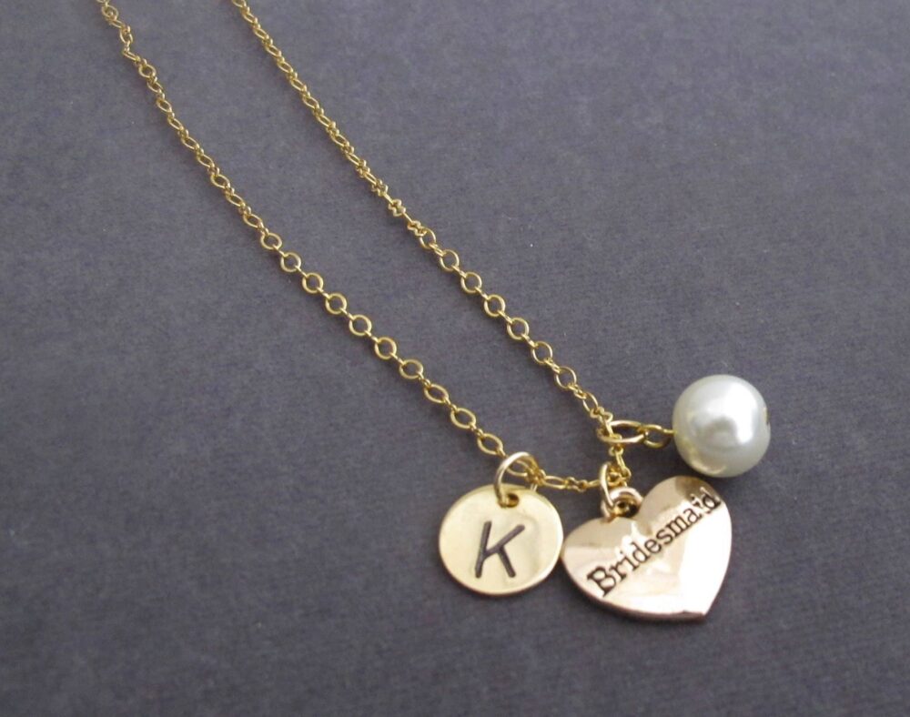 Bridesmaid Initial Necklace, Gold Initial Necklace, Wedding Jewelry, Gold Necklace, Bridesmaid Gold Pendant Necklace, Free Shipping Usa