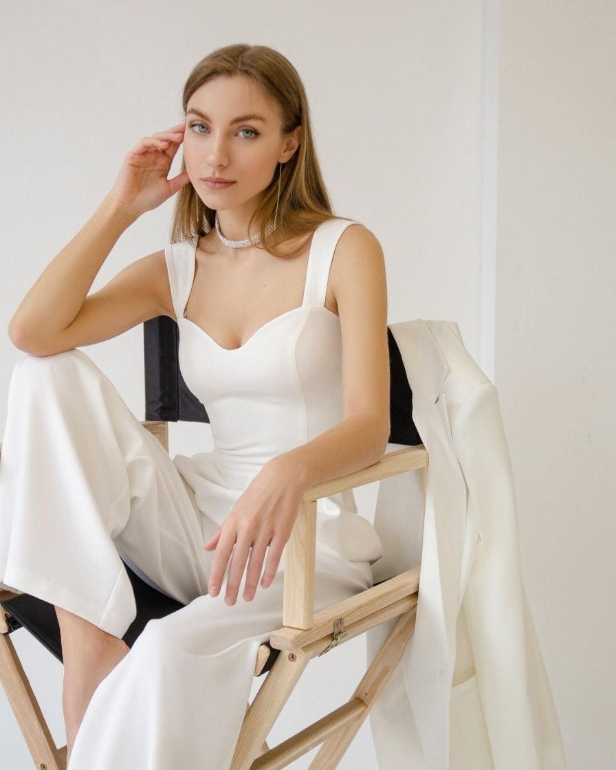White Bridal Jumpsuit Sweetheart Neckline, Machine Washable