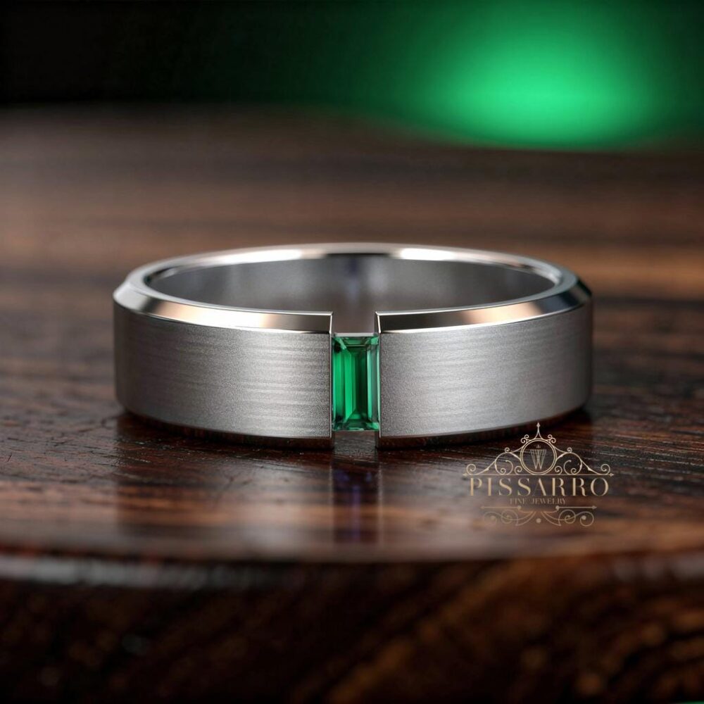 Mens Emerald Wedding Band, Platinum Engagement Promise Ring, 6mm Brushed Finish Center, Unisex, Gift For Him