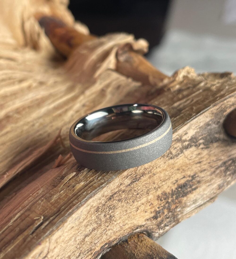 Sandblasted Ring, Wedding, Anniversary Band, Titanium With 14K Yellow Gold Pinstripe