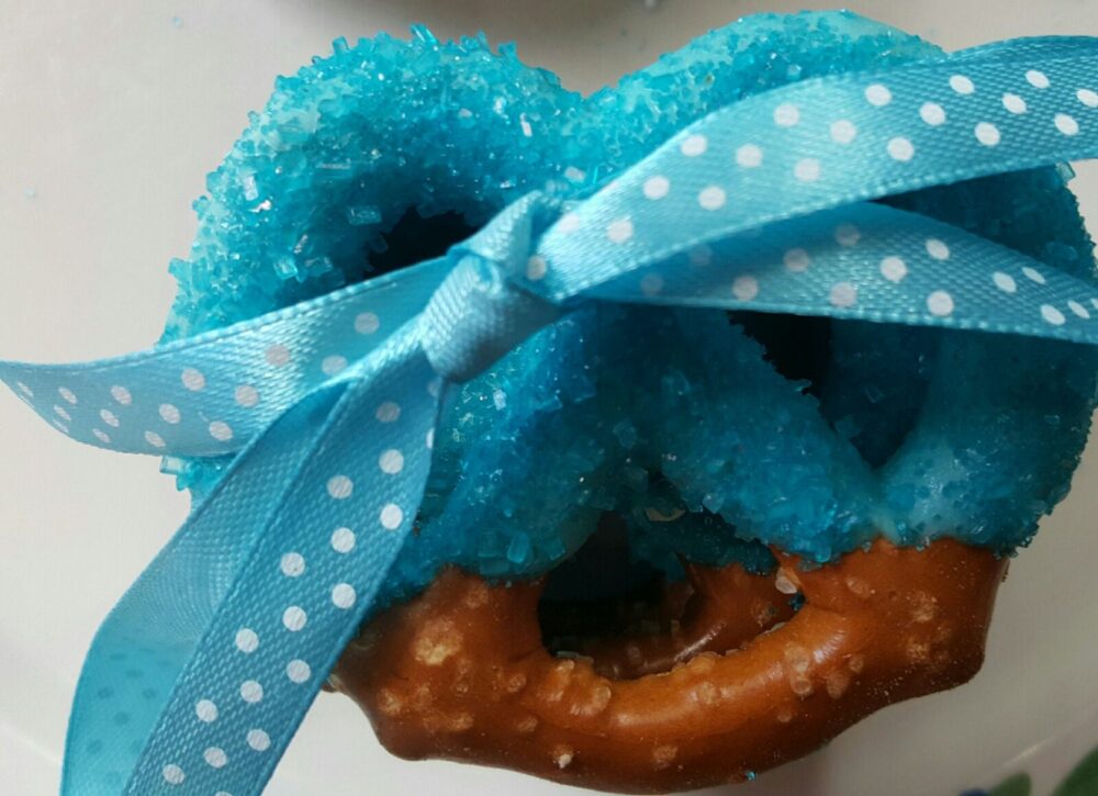 Chocolate Covered Bavarian Pretzels - Teal Blue With Sugar Crystal Decor- Wedding Favor, It's A Boy, Baby Shower, Bridal Shower Party
