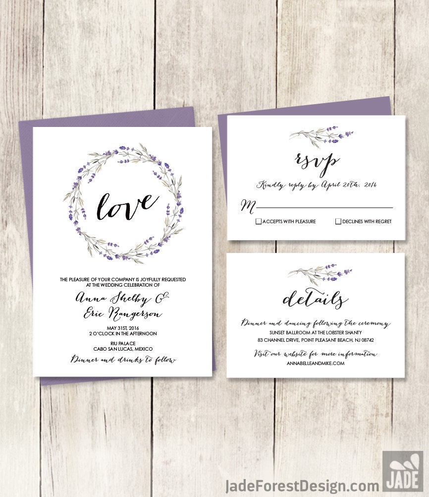 Floral Wedding Invitation Suite/Rustic Lavender Wreath Flower, Twig Invite Set ▷ Printed Invitations {Or} Printable