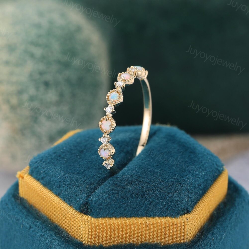 Unique Opal Wedding Band Moissanite Rose Gold Diamond Ring Woman Vintage Dainty Bridal Stacking Gift For Her