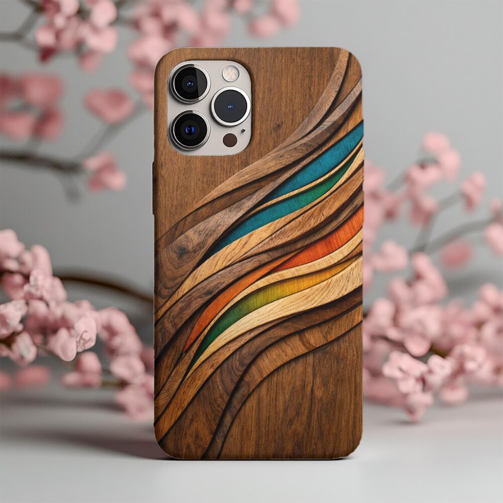 Carved Wood Wave Phone Case, Colorful Modern Wooden Art Design, Organic Flow Pattern, Luxury Aesthetic Iphone Cover, Trendy Gift For Her
