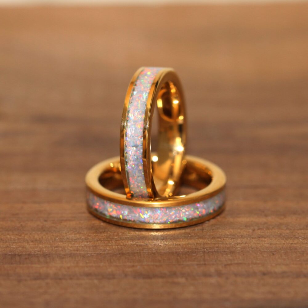 Gold White Opal Crushed Fire Tungsten Wedding Ring Band Womens 4 6 8mm Yellow Rose Anniversary Gift For Her