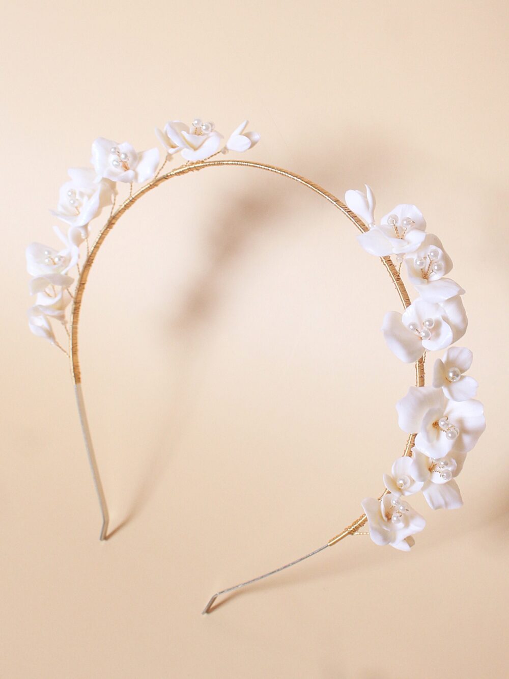 White Clay Flower Headband, Wedding Floral Tiara, Pearl Gift For Bridal, Birthday
