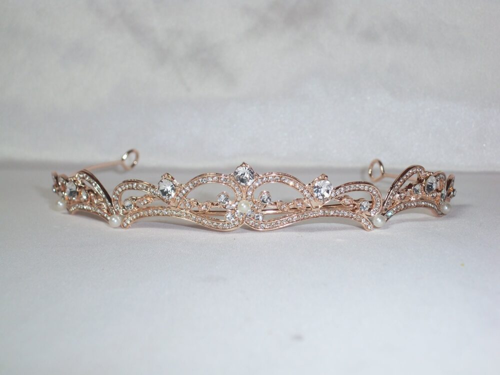 Rose Gold Rhinestone Pearl Bridal Wedding Tiara, Prom Quenceanera Party Tiara Crown, Formal Evening Wear Flower Girl First Communion