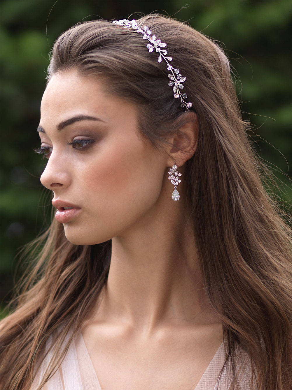 Floral Rhinestone Wedding Headband, Silver Bridal Ribbon Accessory, Flower Crystal Accessory ~Ti-3341