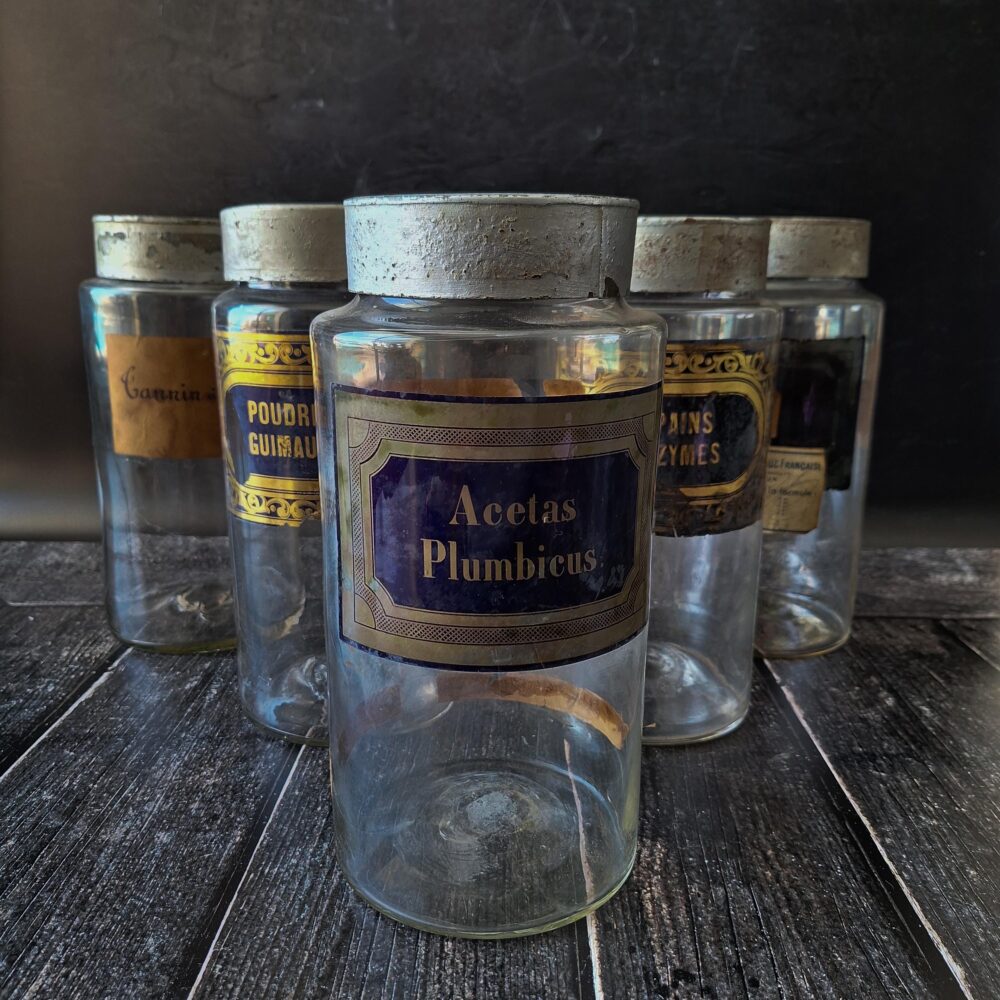 Antique French Apothecary Jar, Large Glass Storage With Original Paper Label & Tin Lid