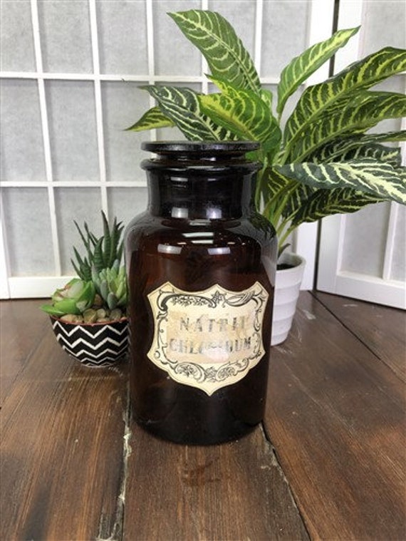 Brown Glass Apothecary Jar, Pharmacy Druggist Medicine Bottle, Amber A7