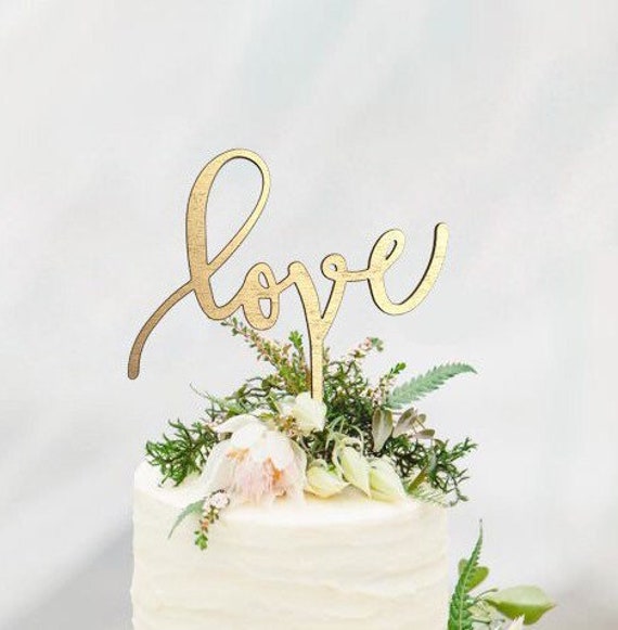 Gold Love Cake Topper - Wooden Cake Topper Engagement Unique Wedding