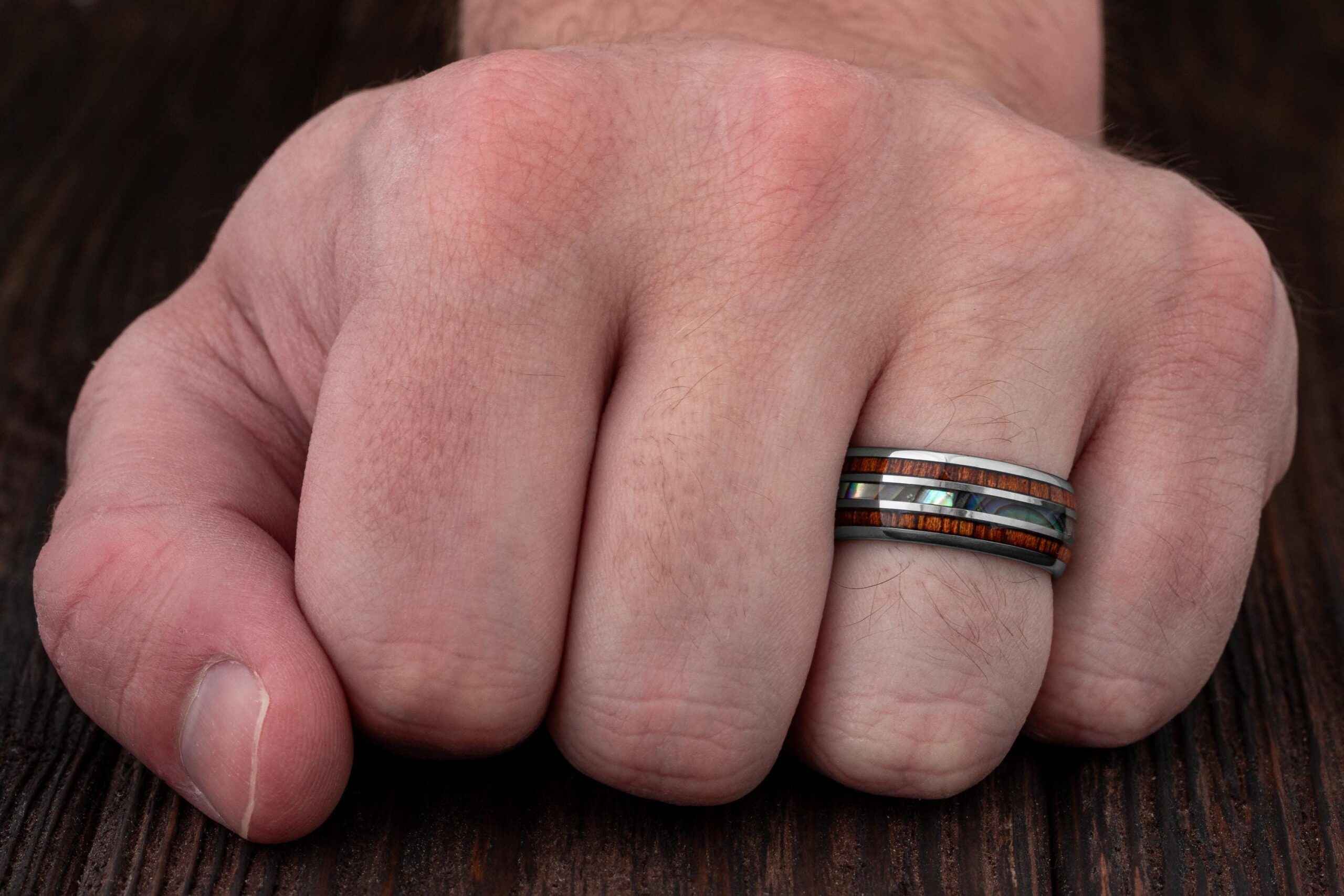 Abalone Wedding Ring With Koa Wood, Mens Band, Wooden Ring, Unique Men Anniversary Promise