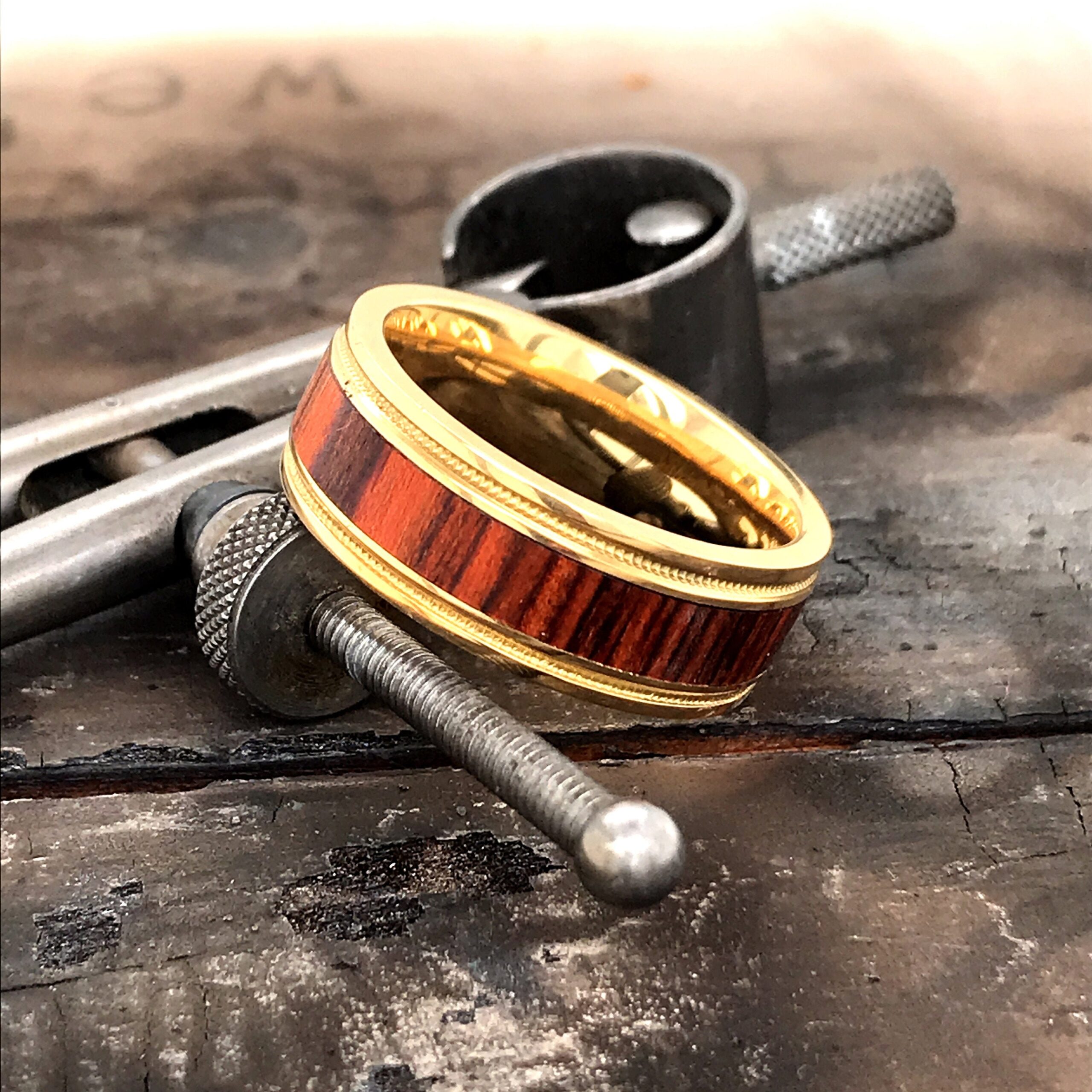 14K Wedding Band Gold Wooden Ring & Wood Mens Women’s Engagement