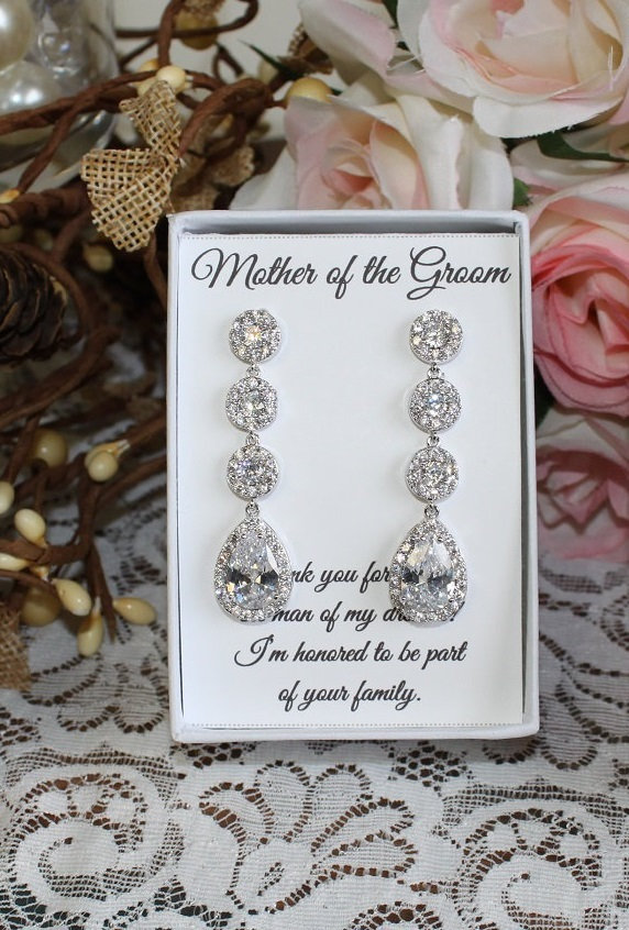 Bridal Long Drop Earrings, Triple Round Tear Cz Bridesmaid Earrings, Wedding Mother Of The Bride Set, Mom Gift Set
