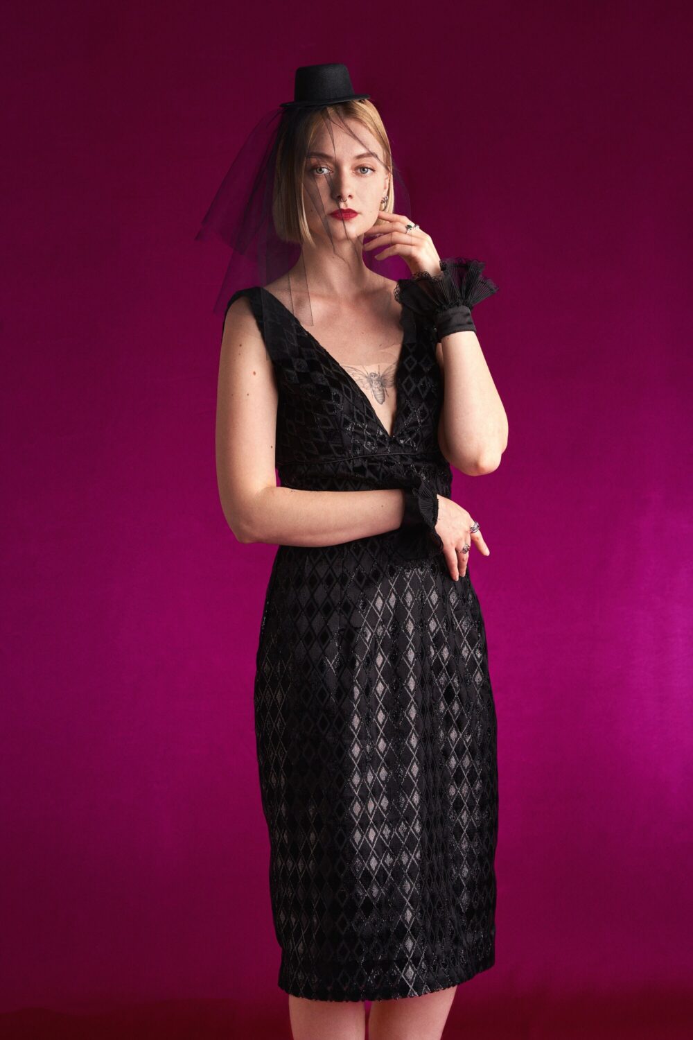 Handmade Black Velvet Dress Sleeveless V-Neck Pencil Skirt