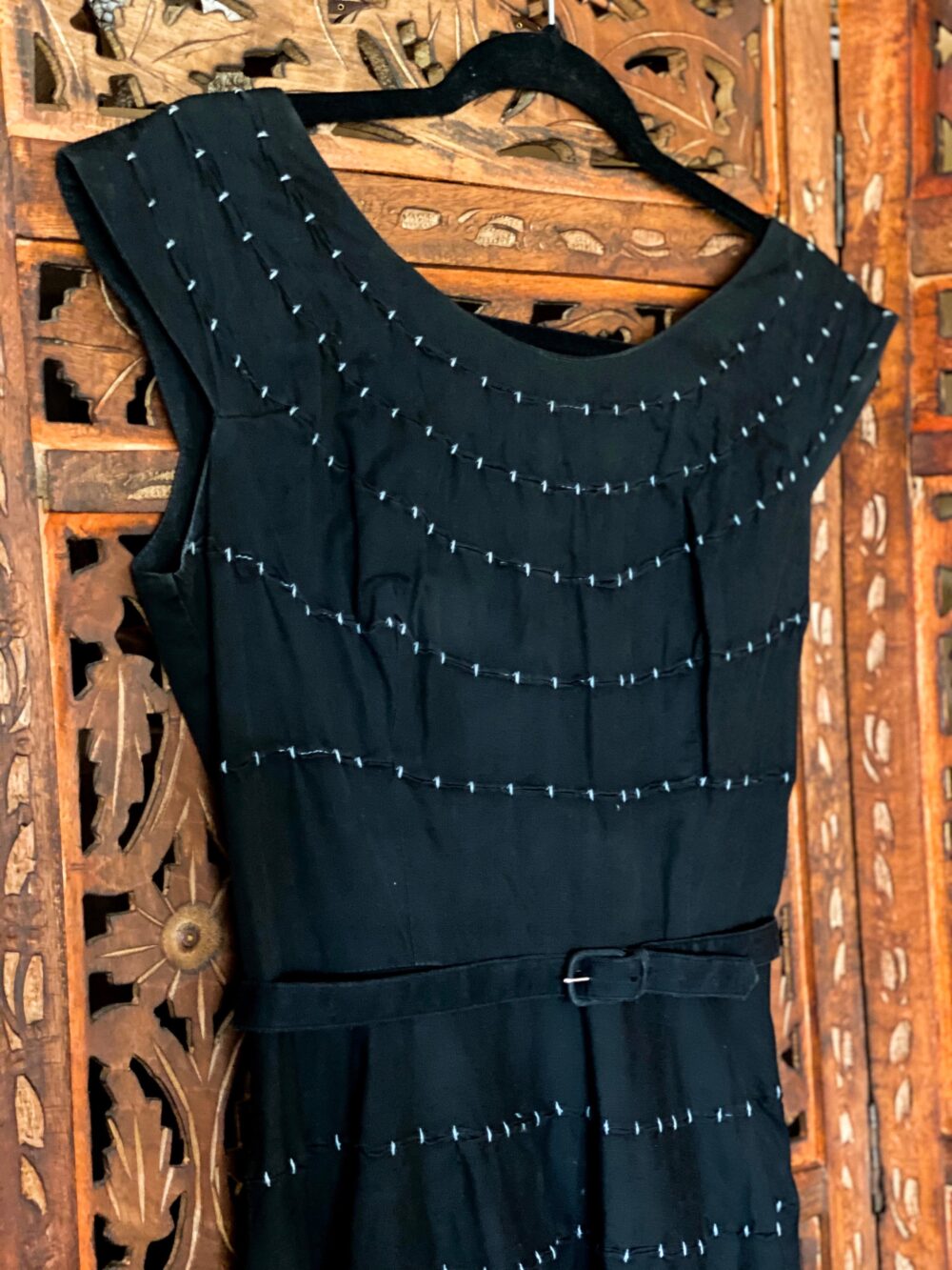 1950S Black Cotton Fit & Flare Dress Vintage Party Dress With Grey Stitching