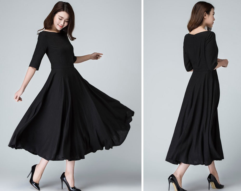 Black Linen Dress, Womens Dresses, Black Dress Women, Long Fit & Flare Boat Neck Evening Gown Sleeves 1458#