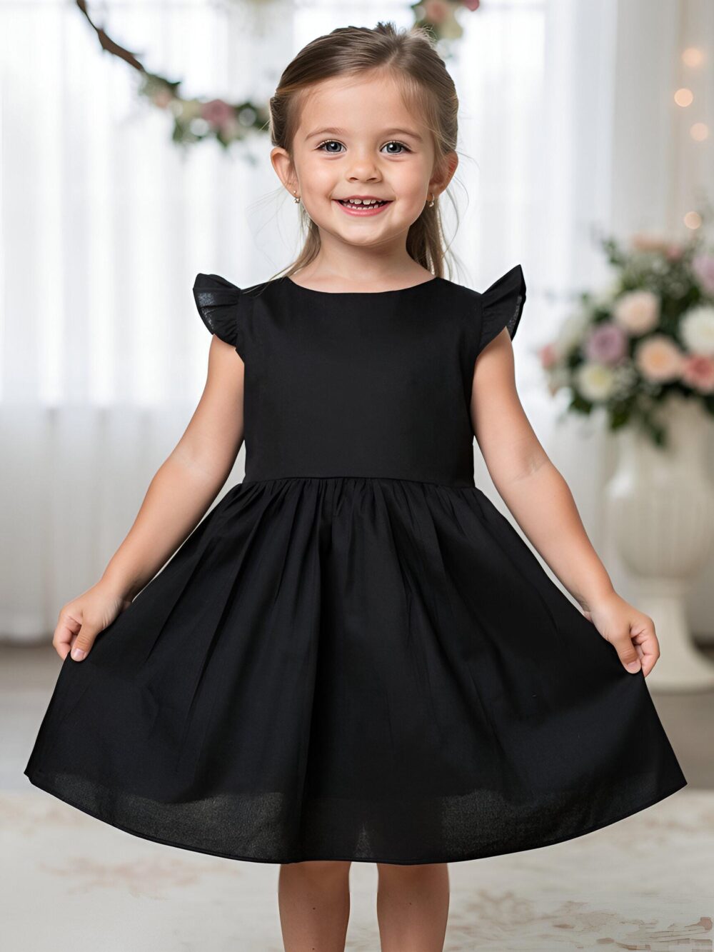 Handmade Black Cotton Dress, Toddler & Baby Sizes, Flutter Sleeve