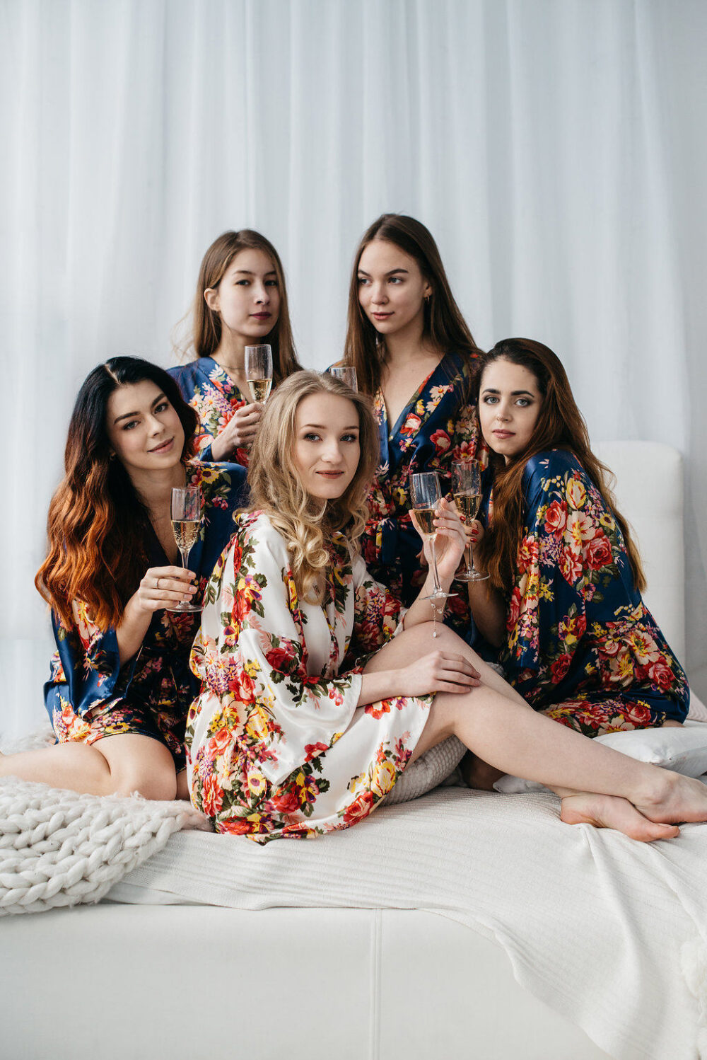 Navy Wedding Robe, Bridal Bridesmaid Robes, Gift, Satin Floral Blue Party Gift