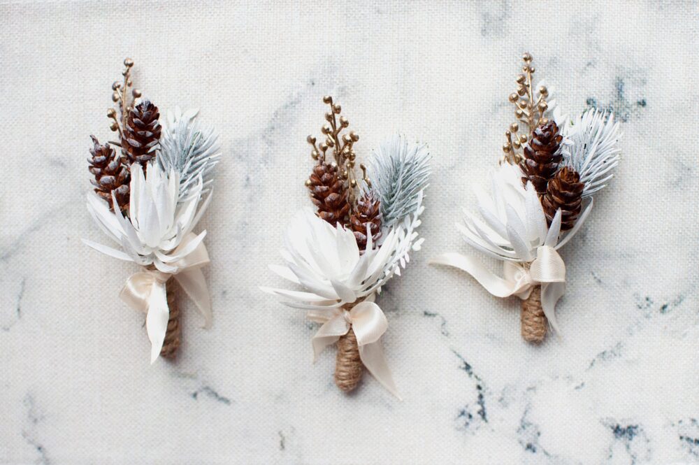Rustic Winter Wedding Boutonniere White Cone, Twine & Plastic Greens