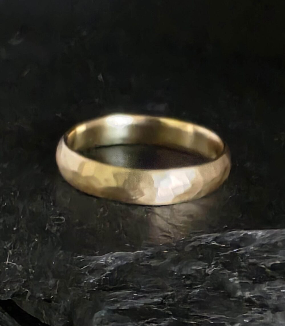 4mm Wide 14K Yellow, Rose, White Gold Comfort Fit Light Band, Wedding Hammered, Brushed Gold, Made To Order Custom, Personalized