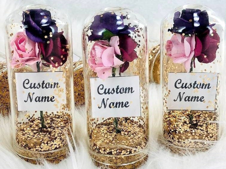 Bulk Wedding Favors, Gold Glitter Glass Tubes, Personalized Label, Elegant Wedding Gifts