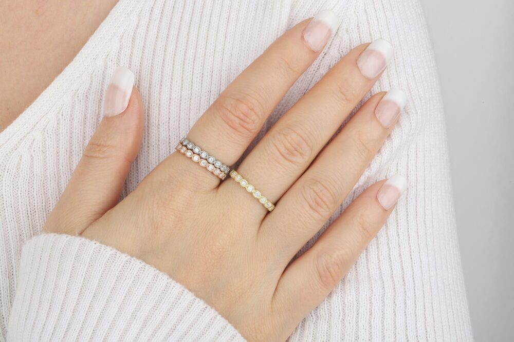 Dainty Wedding Gold Eternity Ring, 14K Solid Stackable Band Engagement Unique Diamond Stacking Gift For Her, Mom Gifts