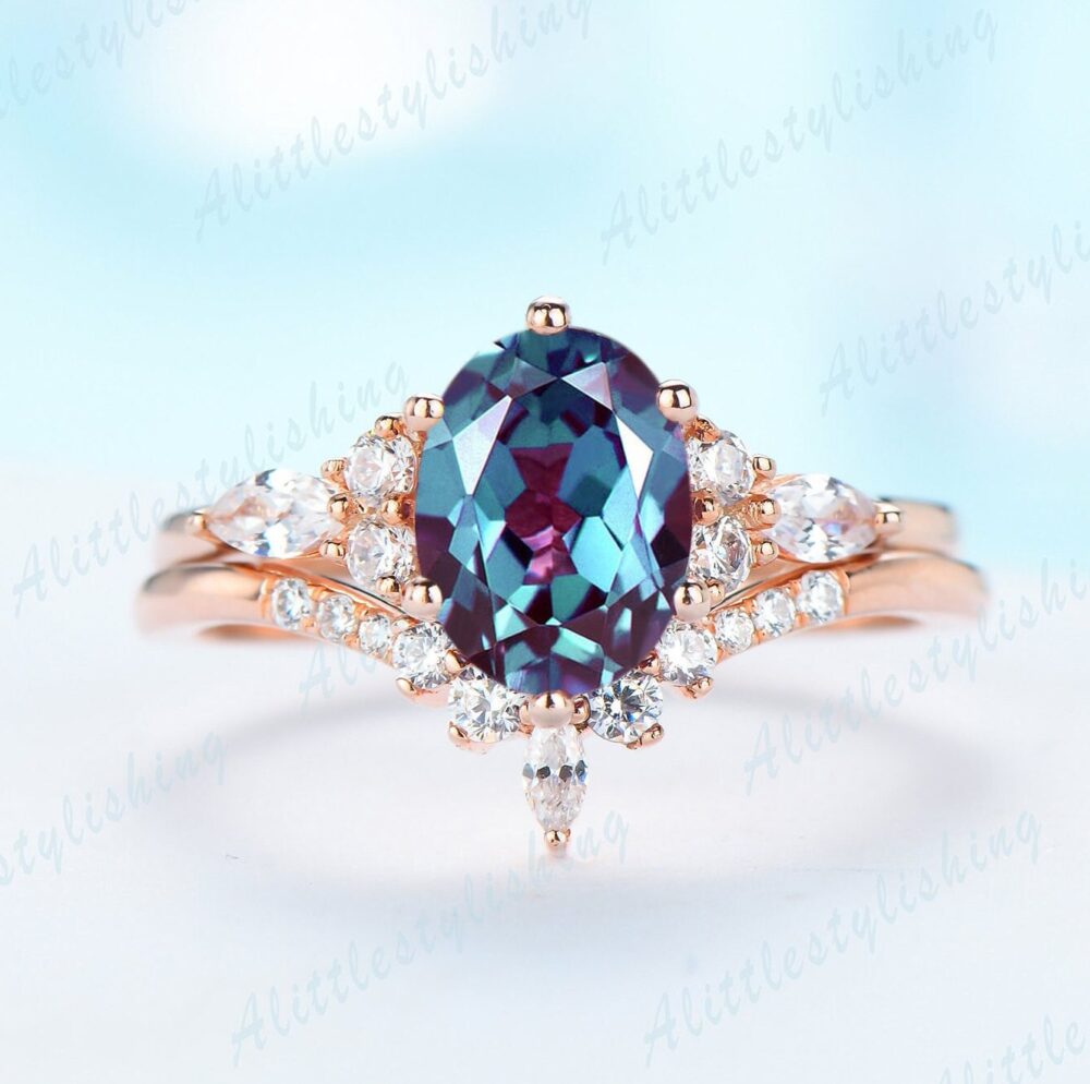 Alexandrite Tiara Wedding Ring Set, Oval Alexandrite Engagement Vintage Promise Ring, Art Deco Rose Gold Band, Gift For Her